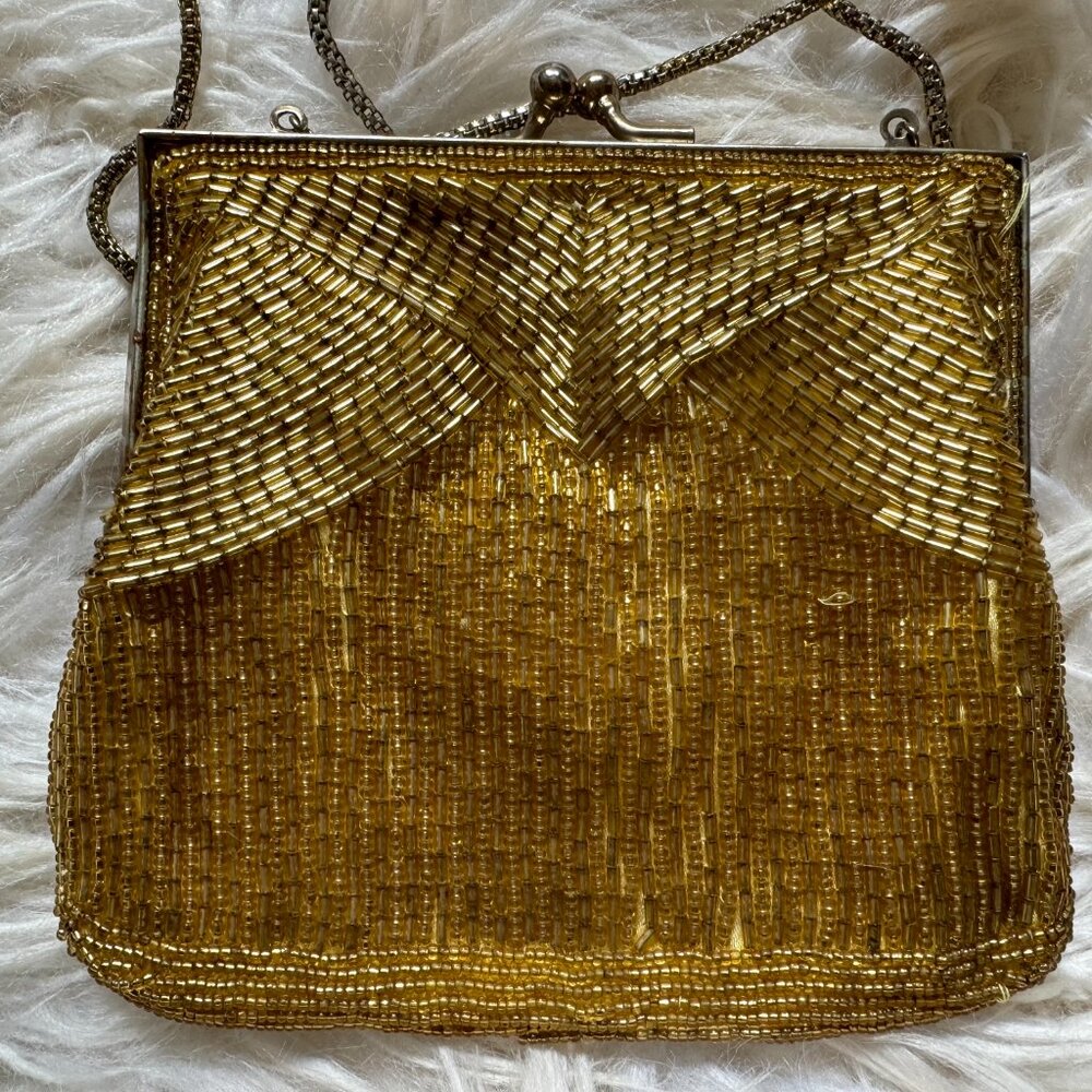 VINTAGE gold beaded & satin snap purse - Picture 3 of 5